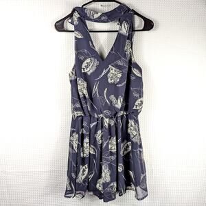 Final Touch USA Medium Navy Halter Dress Sleeveless Abstract Leaf Print V-Neck